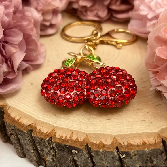 Whimsical Red Crystal Cherries Keychain Charm - Picture 8 of 13